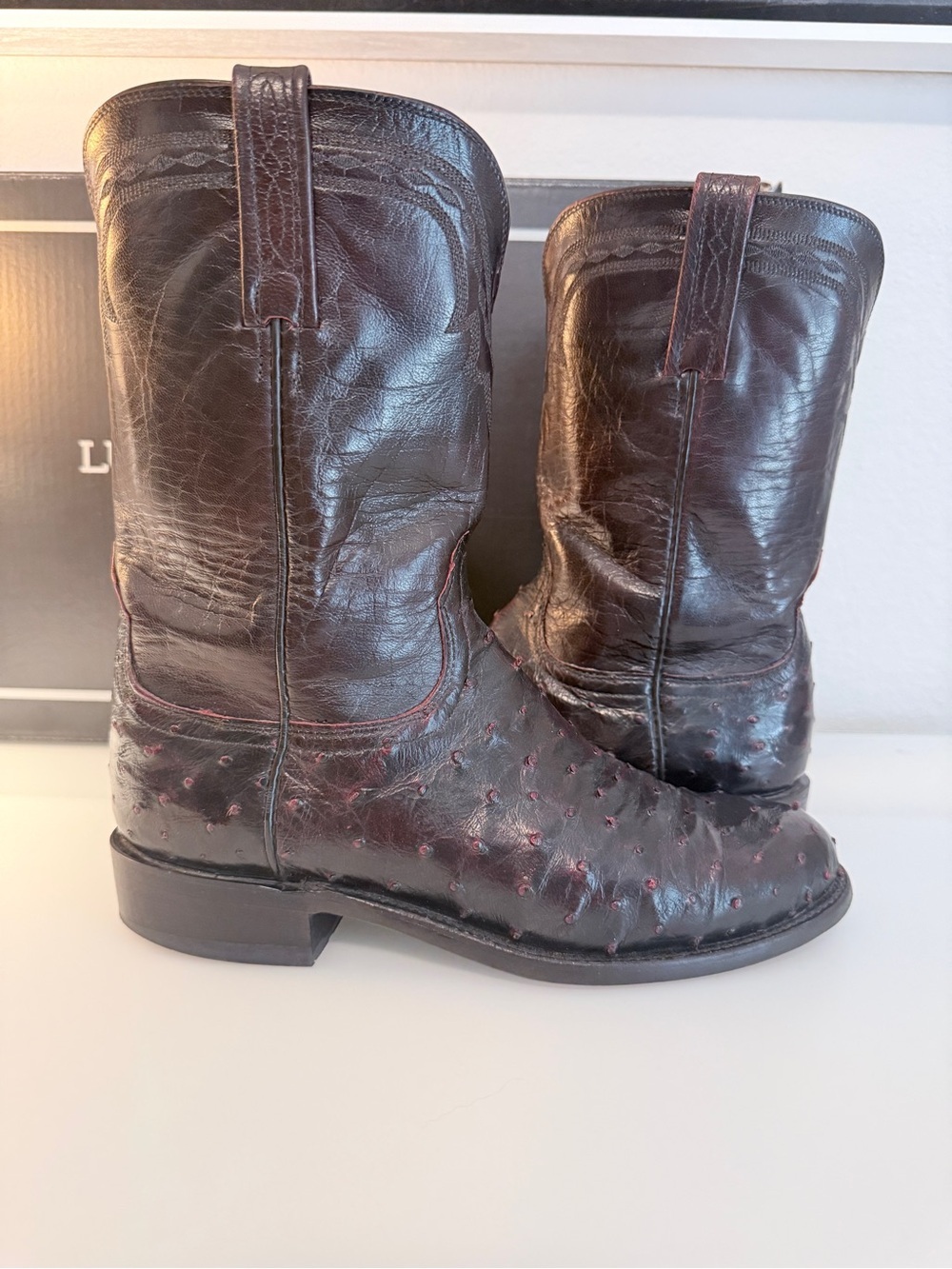 Lucchese 2000 Black Cherry Full Quill Ostrich Roper Boots Men’s 8.5 B
